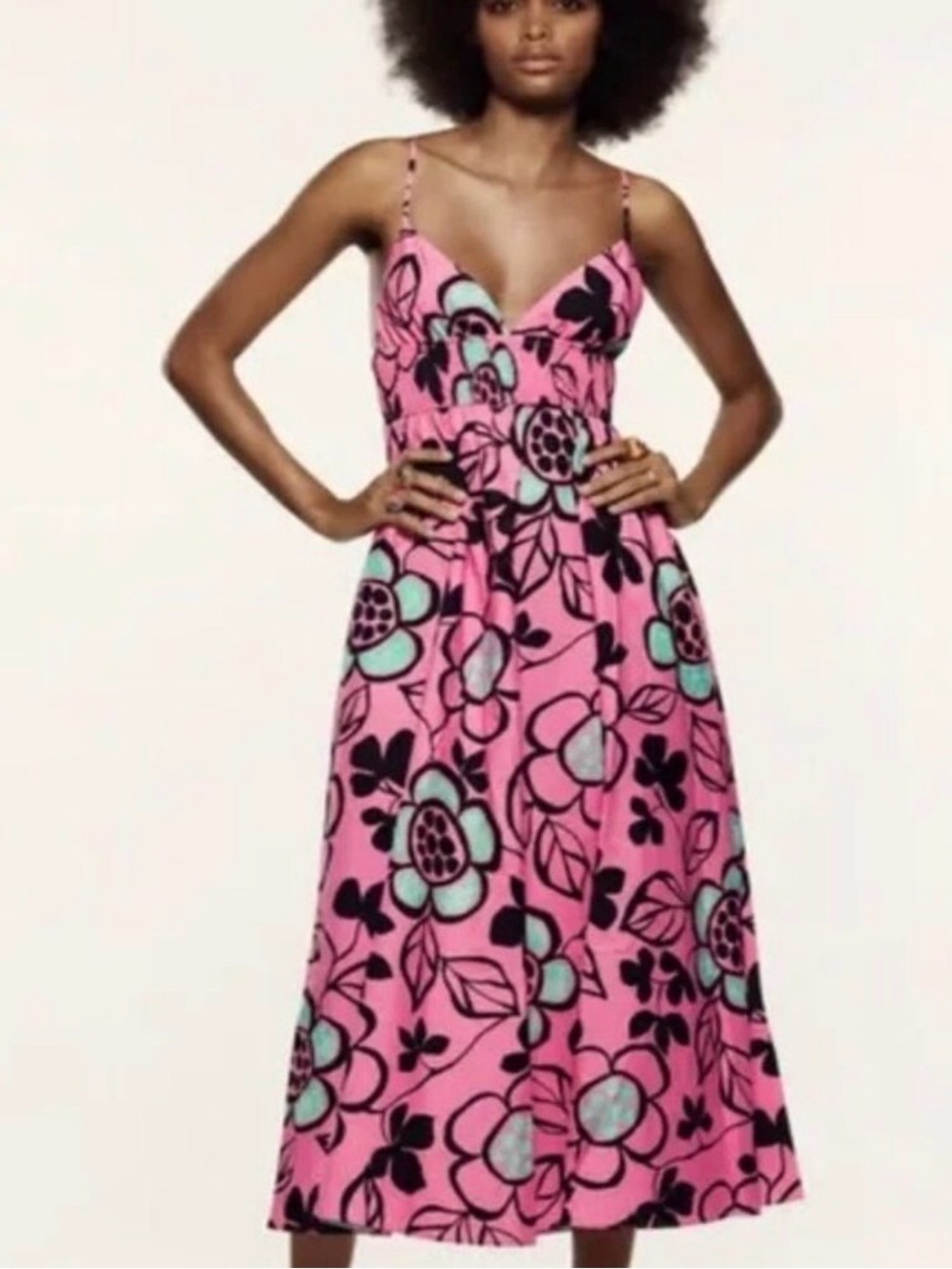 Zara Pink Floral Midi Dress with Mint Accents